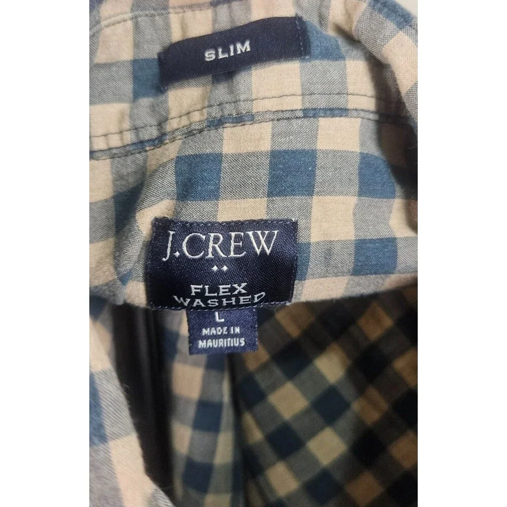 J.Crew Flex Washed Slim Fit Shirt Mens Large Button Front Green Tan‎ Preppy